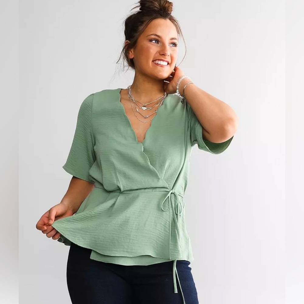 Buckle Vneck Scalloped Feminine Tie Wrap Peplum Top Mint Green Size XXL